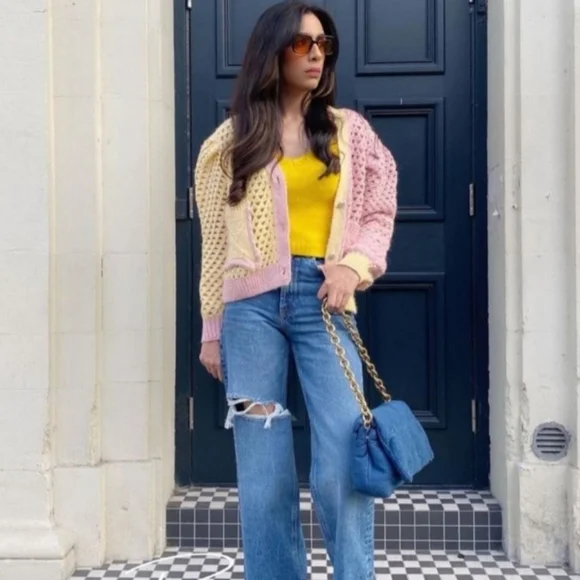 Zara Colorblock Cropped Sweater Size Medium Cottagecore Coastal Grandma - Picture 2 of 16